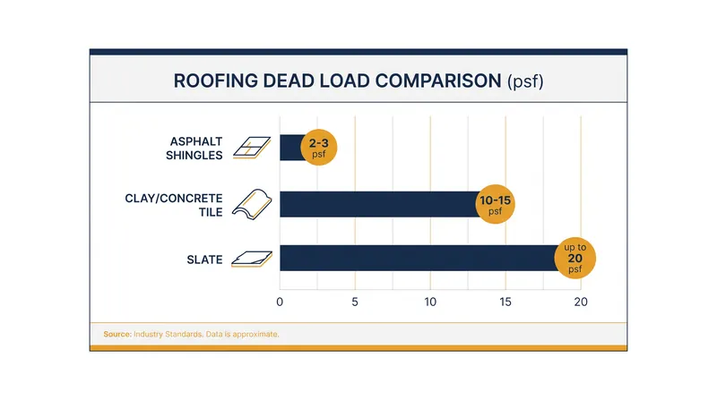 Premium fire-resistant roofing materials impose significantly higher dead loads than standard asphalt.