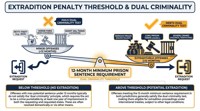 Many jurisdictions, including the UK, require that the equivalent domestic offense carry a minimum prison sentence, often 12 months, to satisfy dual criminality.