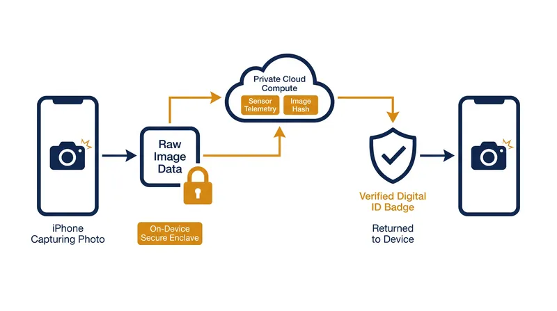 The authentication process separates the raw image data from the cryptographic telemetry to preserve user privacy.