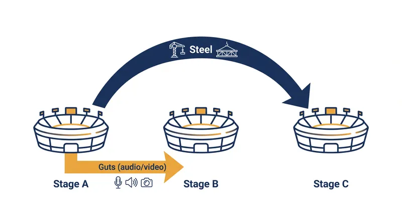 The Leapfrog System allows the heavy steel structures to jump ahead of the tour route while the audio and lighting gear travels with the band.