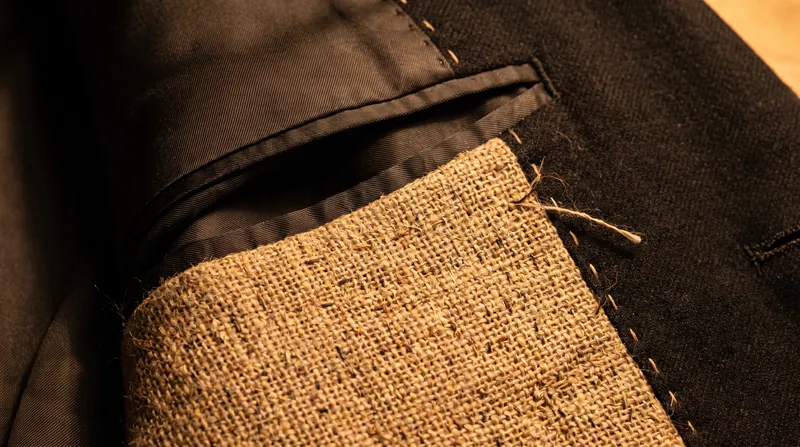 A floating canvas is hand-stitched into the front panels of a couture jacket, allowing the garment to mold to the wearer's body over time.