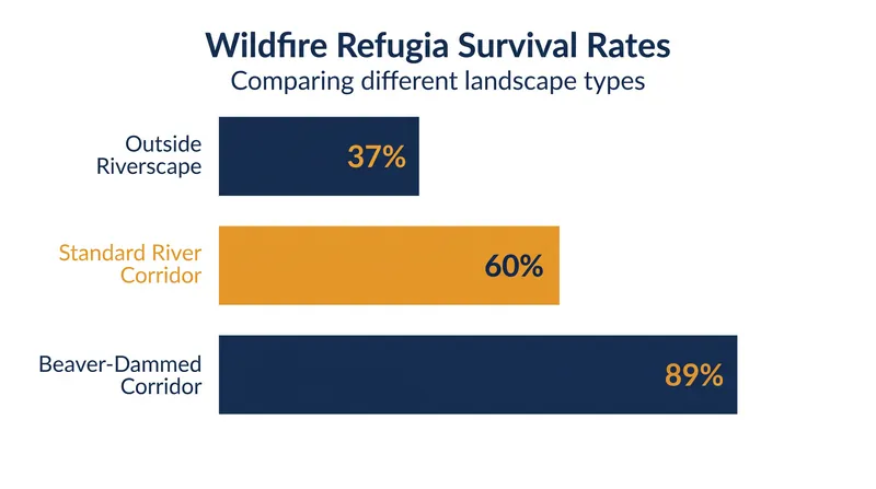 Riparian corridors with beaver dams or BDAs are significantly more likely to survive megafires unburned.