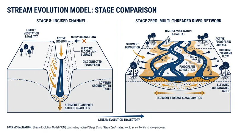 The Stream Evolution Model tracks how incised channels can recover into fully connected floodplains.
