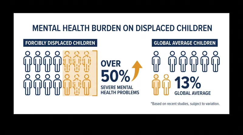 Displaced children face mental health challenges at more than four times the global average rate.