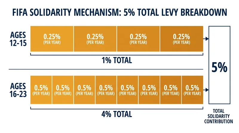 The Solidarity Mechanism distributes exactly 5% of a transfer fee based on the player's age during their development.