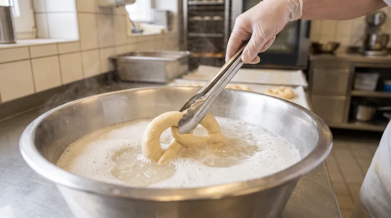 Dipping pretzel dough in an alkaline lye bath raises the surface pH, forcing rapid Maillard browning in the oven.