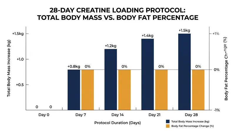 While total body mass reliably increases during the first month of supplementation, body fat percentages remain unchanged.