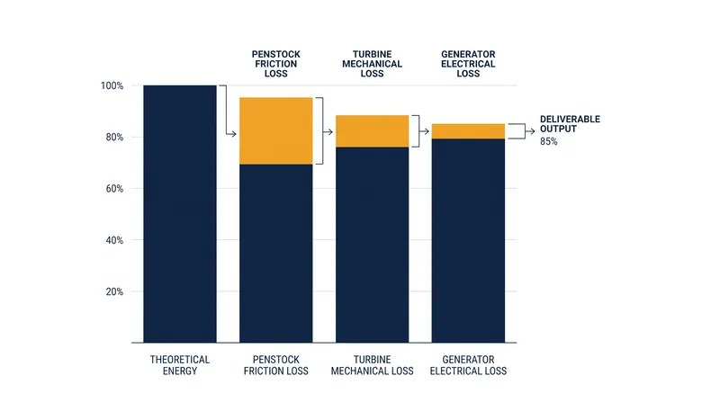 Friction and mechanical losses typically reduce a dam's deliverable power to roughly 85 percent of its theoretical potential.