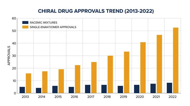 Between 2013 and 2022, the pharmaceutical industry overwhelmingly shifted toward single-enantiomer drug approvals.