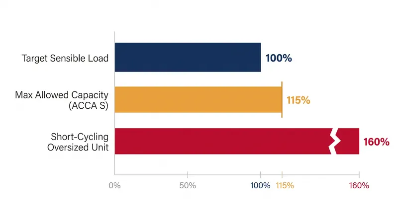ACCA Manual S strictly caps equipment oversizing at 115% of the sensible load to ensure the system runs long enough to dehumidify the air.