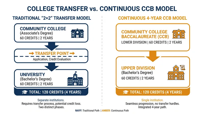 The CCB model eliminates the transfer point, allowing students to complete all 120 credits on a single campus.