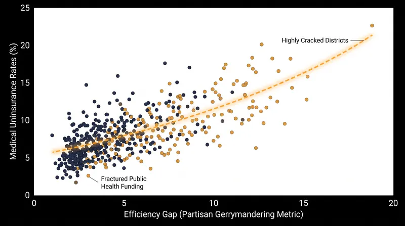 Research indicates that the boundary lines used to crack opposing voters often fracture communities with high rates of medical uninsurance.