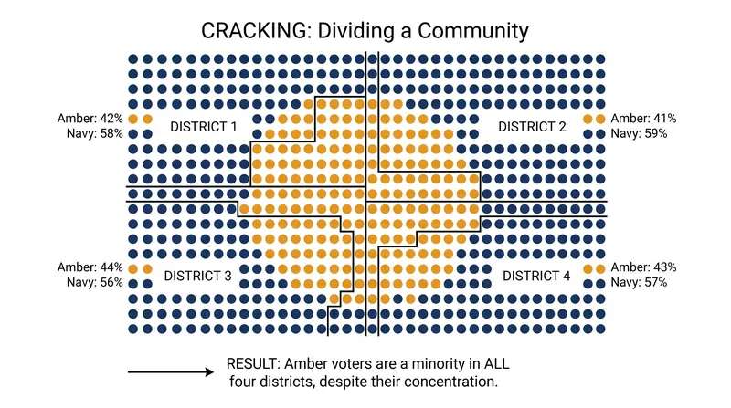 Cracking spreads opposing voters across multiple districts, ensuring they remain a permanent minority in each one.