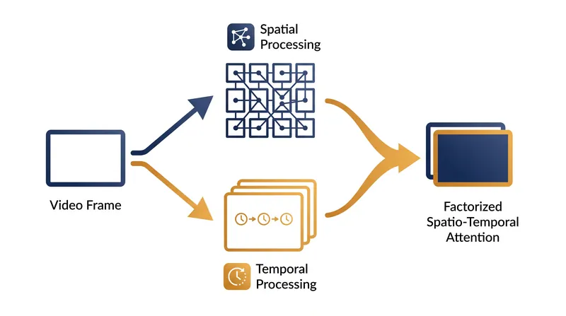 Factorized attention processes the spatial layout of a single frame first, then processes the temporal changes across frames separately.