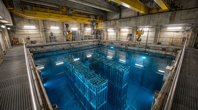 Spent fuel must cool in deep water pools for up to a decade before its decay heat drops enough for dry cask storage.