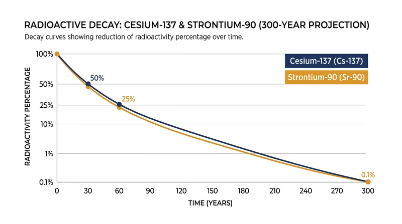 It takes approximately 10 half-lives (300 years) for Cesium-137 and Strontium-90 to decay to 0.1% of their original radioactivity.