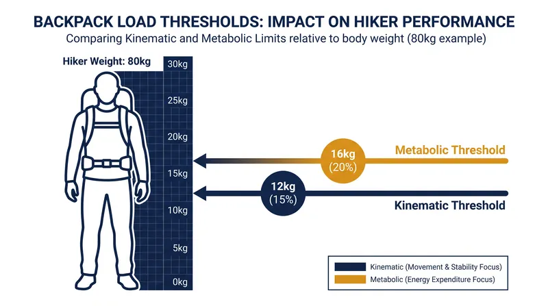 The divergence between metabolic capacity and joint strain for a standard 80-kilogram hiker.
