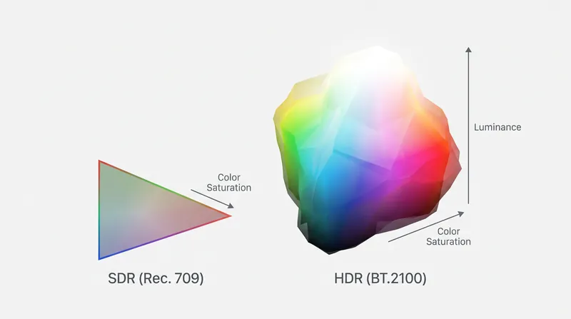 The BT.2100 standard expands traditional 2D color gamuts into a 3D color volume by incorporating absolute luminance.