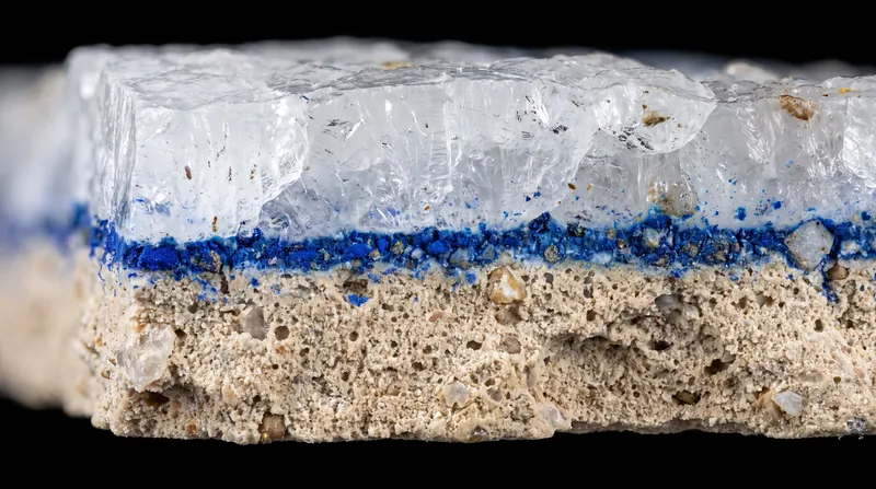 Under magnification, true fresco pigment does not sit on the surface; it is encased within the calcium carbonate crystals.