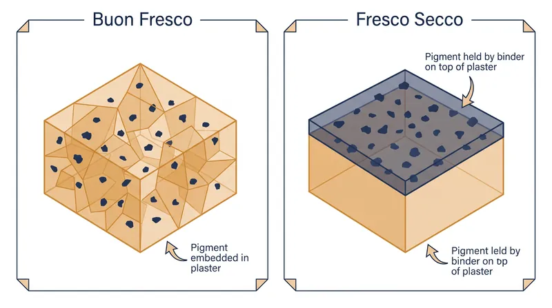 Unlike fresco secco, where paint sits on the surface, buon fresco embeds the pigment directly into the wall's structure.