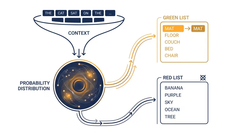 How the watermark works: a cryptographic key splits the vocabulary into green and red lists, nudging the model toward green-list words.