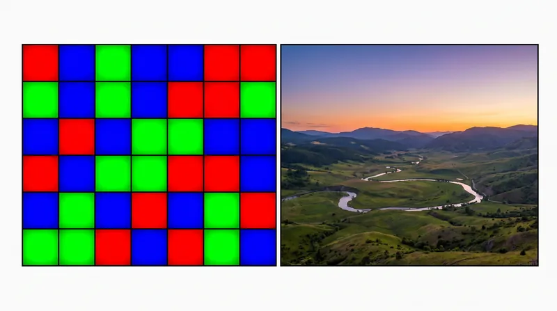 Demosaicing algorithms mathematically guess the missing color values for every single pixel.
