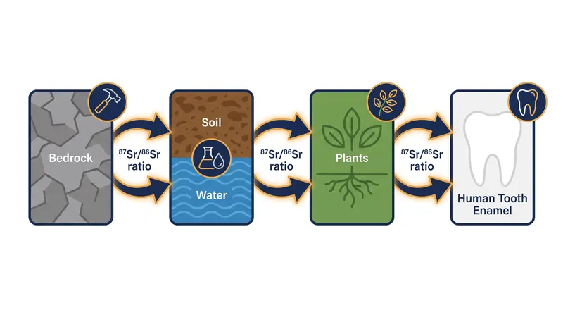 The strontium isotope ratio passes from bedrock through the food chain with virtually no biological fractionation.