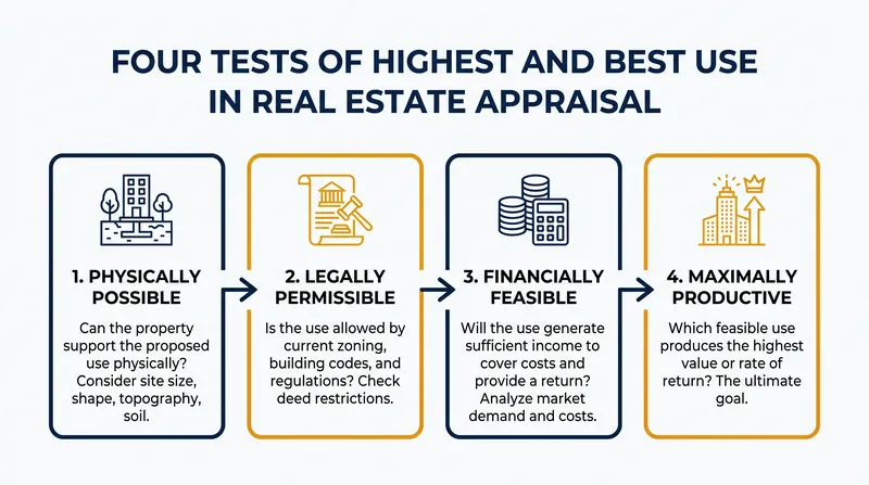 Appraisers must run a property through four sequential tests to determine its highest and best use.