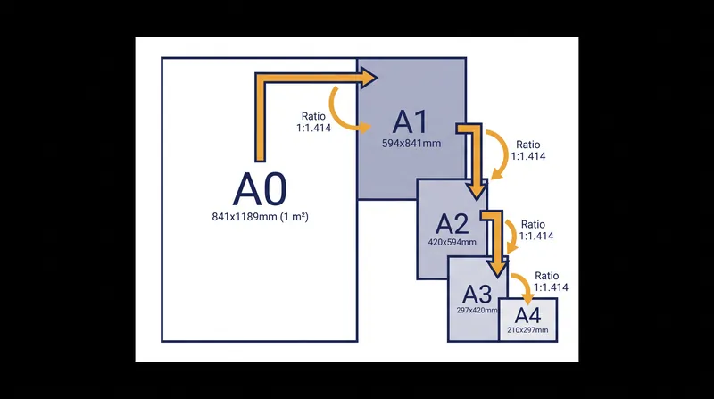 The ISO 216 standard anchors on a 1-square-meter A0 sheet, halving infinitely while maintaining a 1:1.414 aspect ratio.