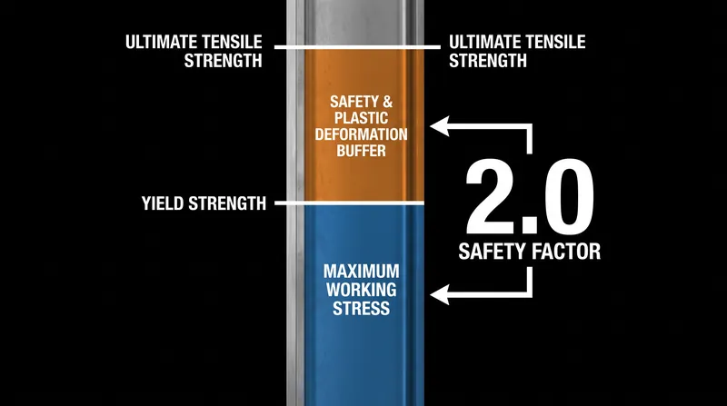 A safety factor of 2.0 restricts everyday loads to half of the material's yield strength.