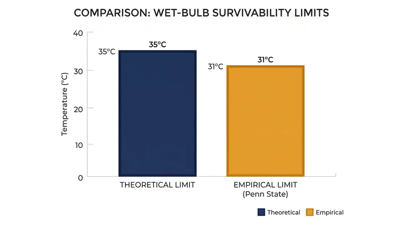 The physiological limit for human survivability is approximately 4°C lower than the 2010 theoretical consensus.