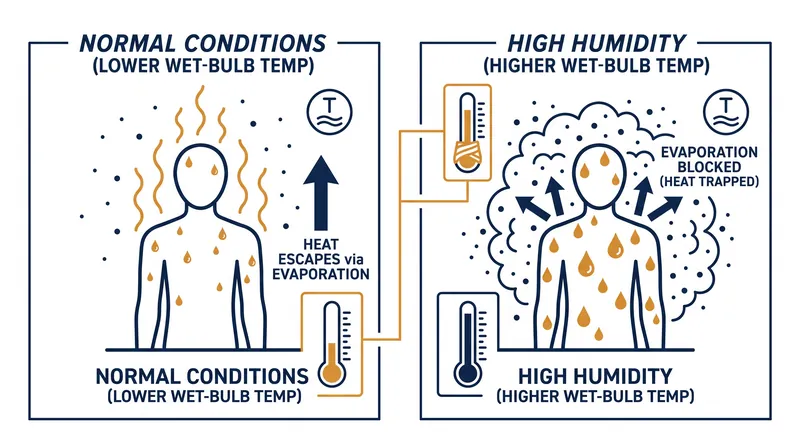 When ambient wet-bulb temperature approaches skin temperature, sweat can no longer evaporate to cool the body.