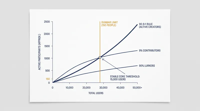 Because only 1 percent of users in large networks are heavy contributors, a community needs 15,000 total members to sustain 150 active voices.