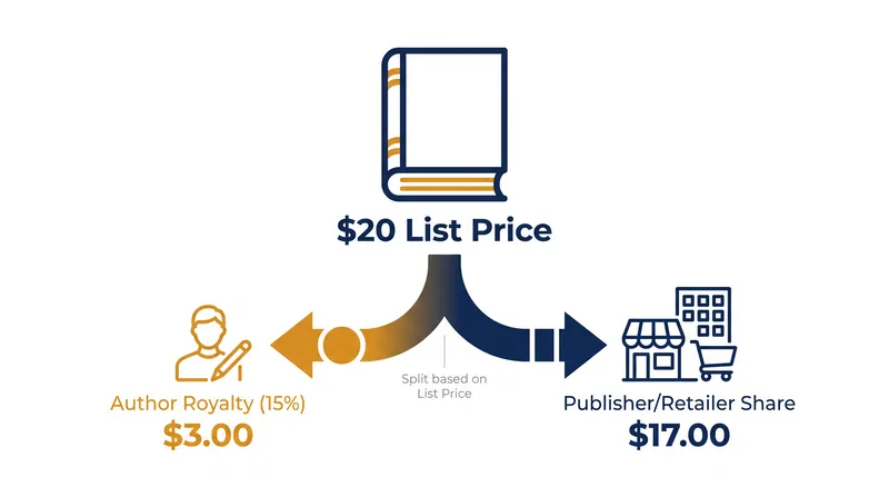 Under a list price model, the author's royalty is calculated before the retailer takes a wholesale discount.