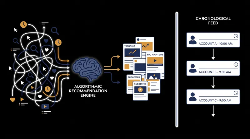Algorithmic feeds rely on complex predictive metrics, whereas chronological feeds simply display posts from followed accounts in the order they were published.