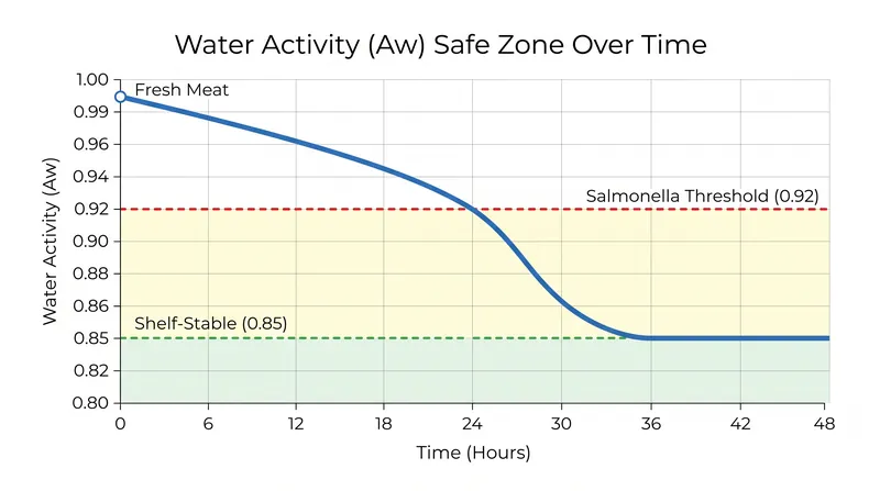 Pathogens cannot survive once water activity drops below critical thresholds.