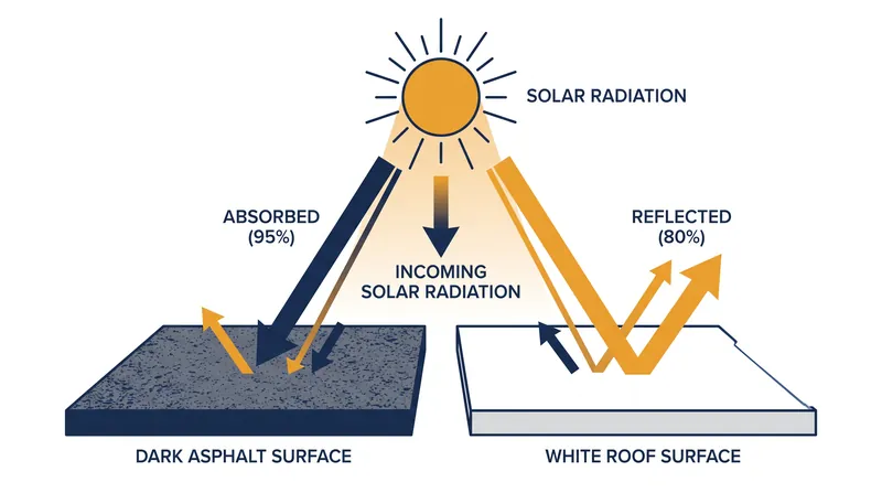 Dark surfaces absorb the vast majority of incoming solar radiation, converting it into sensible heat.
