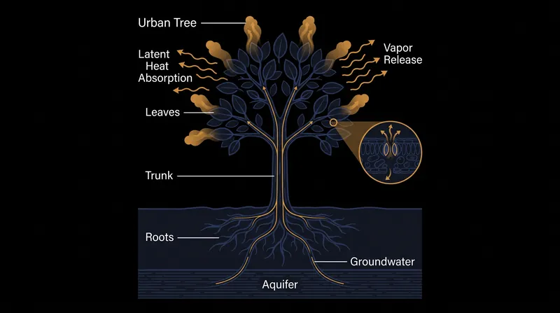 Evapotranspiration cools the surrounding air as liquid water converts to vapor, absorbing latent heat.