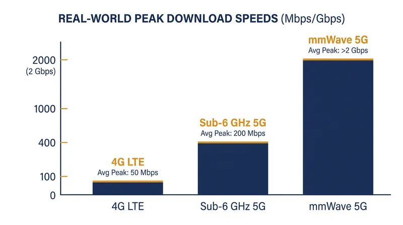 While Sub-6 GHz offers a modest speed bump over 4G, mmWave unlocks multi-gigabit bandwidth.