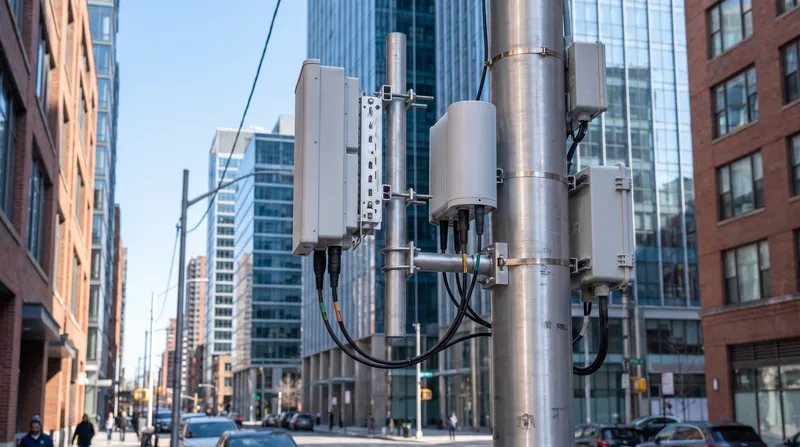 Because mmWave signals travel short distances, carriers must install small-cell nodes on streetlights and utility poles.