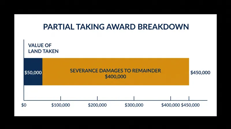In many commercial partial takings, the severance damages to the remaining property far exceed the value of the dirt actually seized.