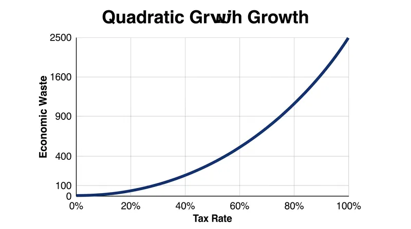 Because deadweight loss grows quadratically, doubling a tax rate quadruples the economic damage.