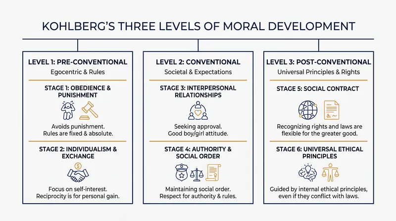 The three levels and six stages of Kohlberg's moral development framework.