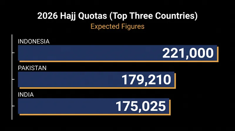 The 2026 Hajj allocations for the three largest quota holders, calculated using the OIC's demographic formula.