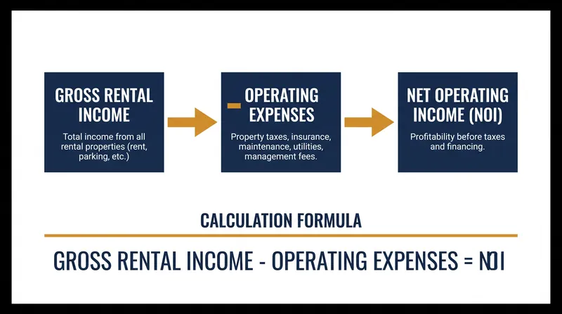 Net Operating Income excludes debt service and income taxes to isolate the property's operational performance.