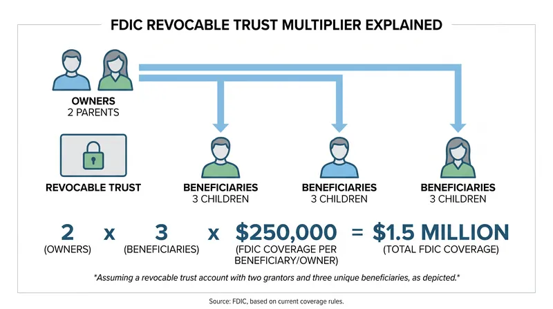 The revocable trust category multiplies coverage by the number of owners and the number of unique beneficiaries.