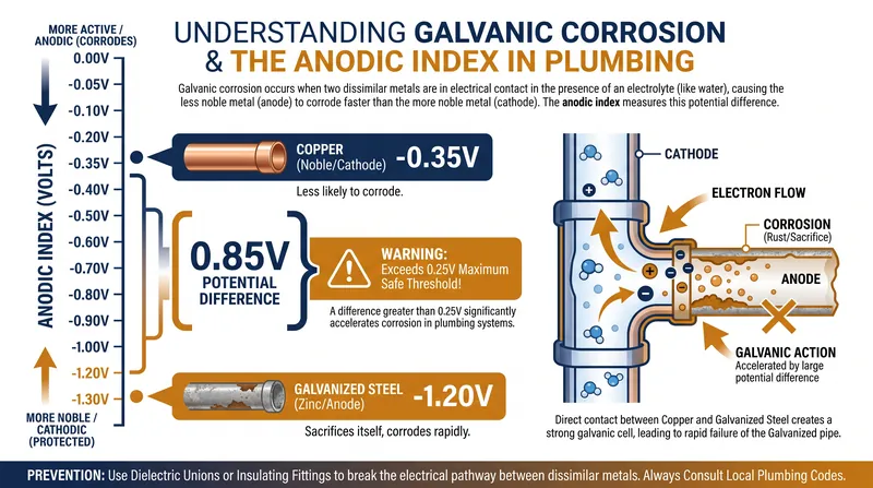 The 0.85V potential difference between copper and galvanized steel far exceeds the 0.25V safety threshold.