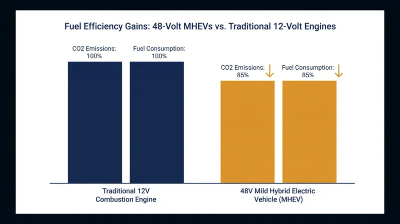Mild hybrid systems use 48-volt starter-generators to recover braking energy, significantly reducing fuel consumption.