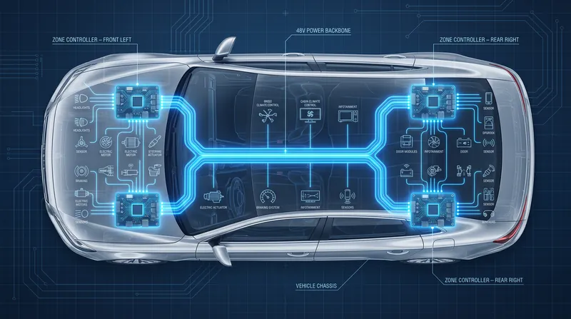 Zone architecture uses a 48-volt backbone to deliver power to regional hubs, eliminating the need for individual wires running across the entire vehicle.