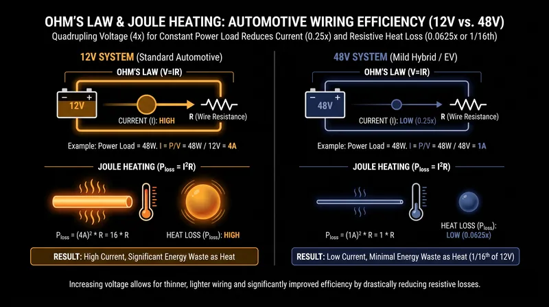Because resistive power loss scales with the square of the current, a four-fold reduction in current yields a 16-fold reduction in waste heat.
